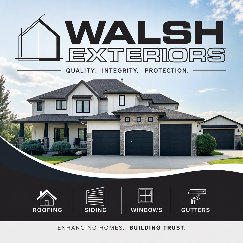 Walsh Exteriors company flyer  roofing, siding, windows, doors, gutters and exterior painting
