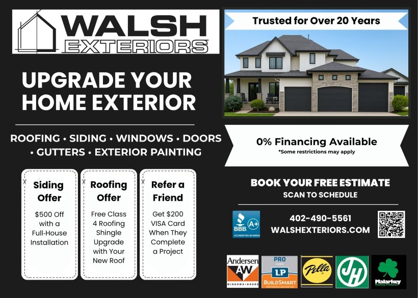 Walsh Exteriors current promotions  siding offer, roofing offer, and refer a friend discount card