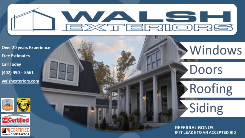 Walsh Exteriors company flyer  roofing, siding, windows, doors, gutters and exterior painting